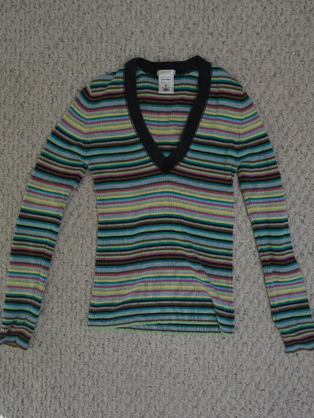 Vintage Old Navy Colorful Horizontal Striped V Neck Fitted Cotton Ribbed Sweater